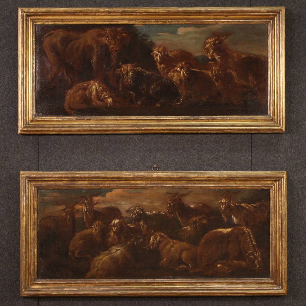 Peinture ancienne paysage avec des chèvres du XVIIe siècle