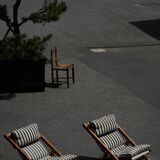 Mid-century dining/lounge chairs in pine and striped cotton canvas, Denmark, 1970s.