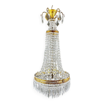 Lustre corbeille en cristal et bronze doré,style Louis XVI, Fin XIXe siècle