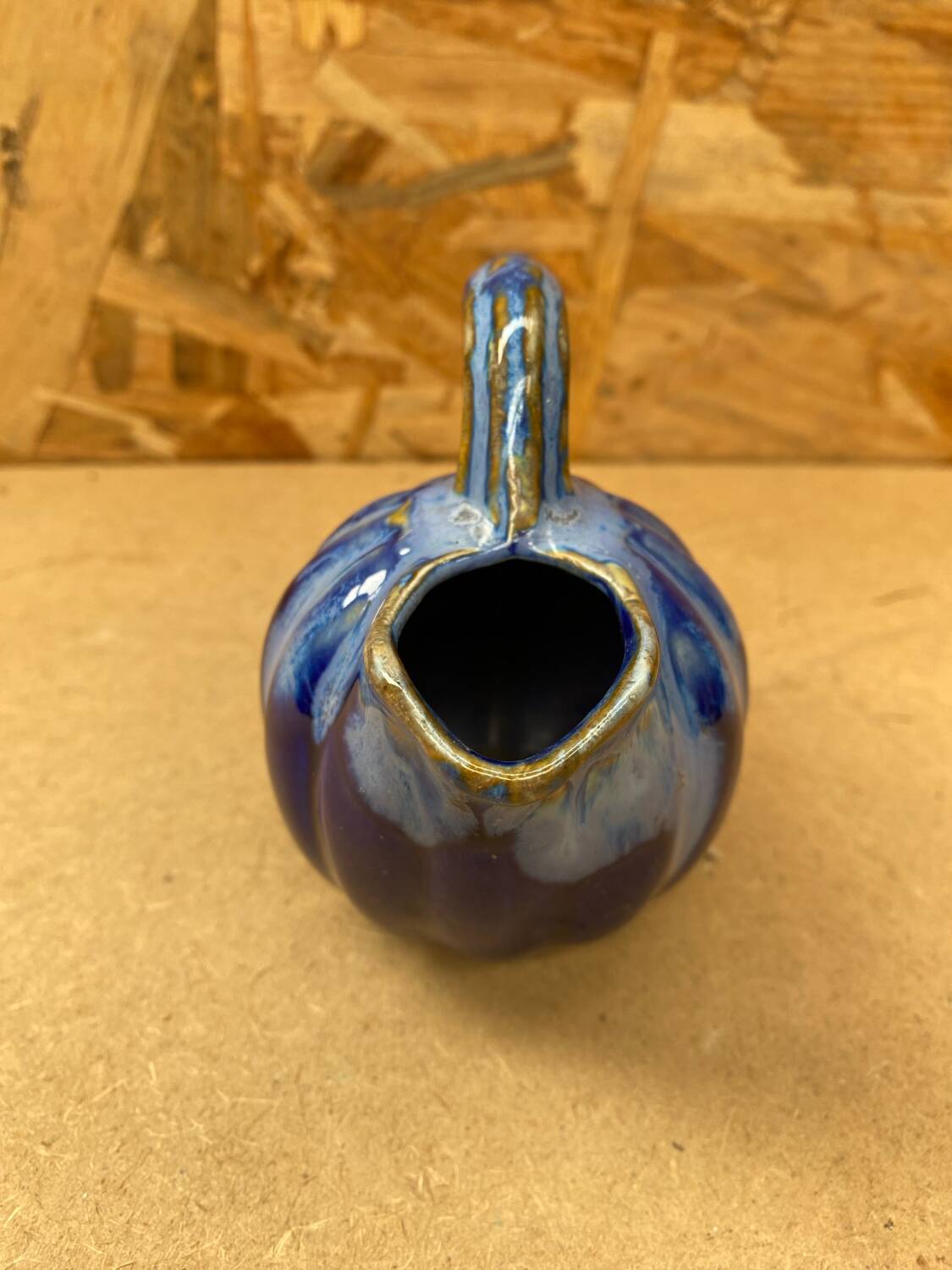 Antique alphonse mouton melon pitcher flamed ceramic blue vintage