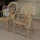 Bench rattan lounge - 2 chairs 1960