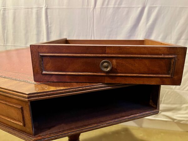 Gueridon octogonal vintage, 4 tiroirs, plateau cuir, pieds pattes de lion