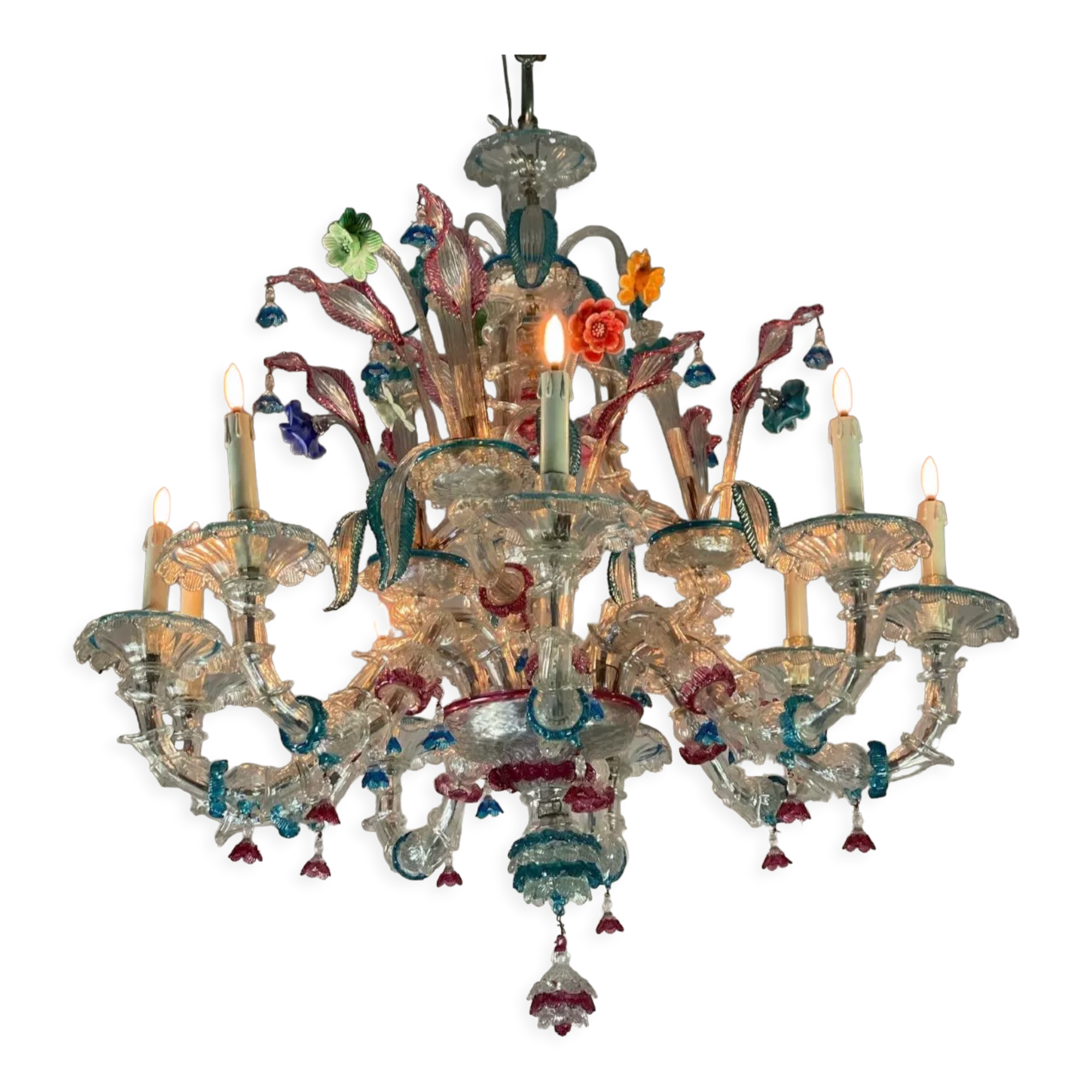 Venetian chandelier Rezzonico in Murano glass, 9 arms of light circa 1920