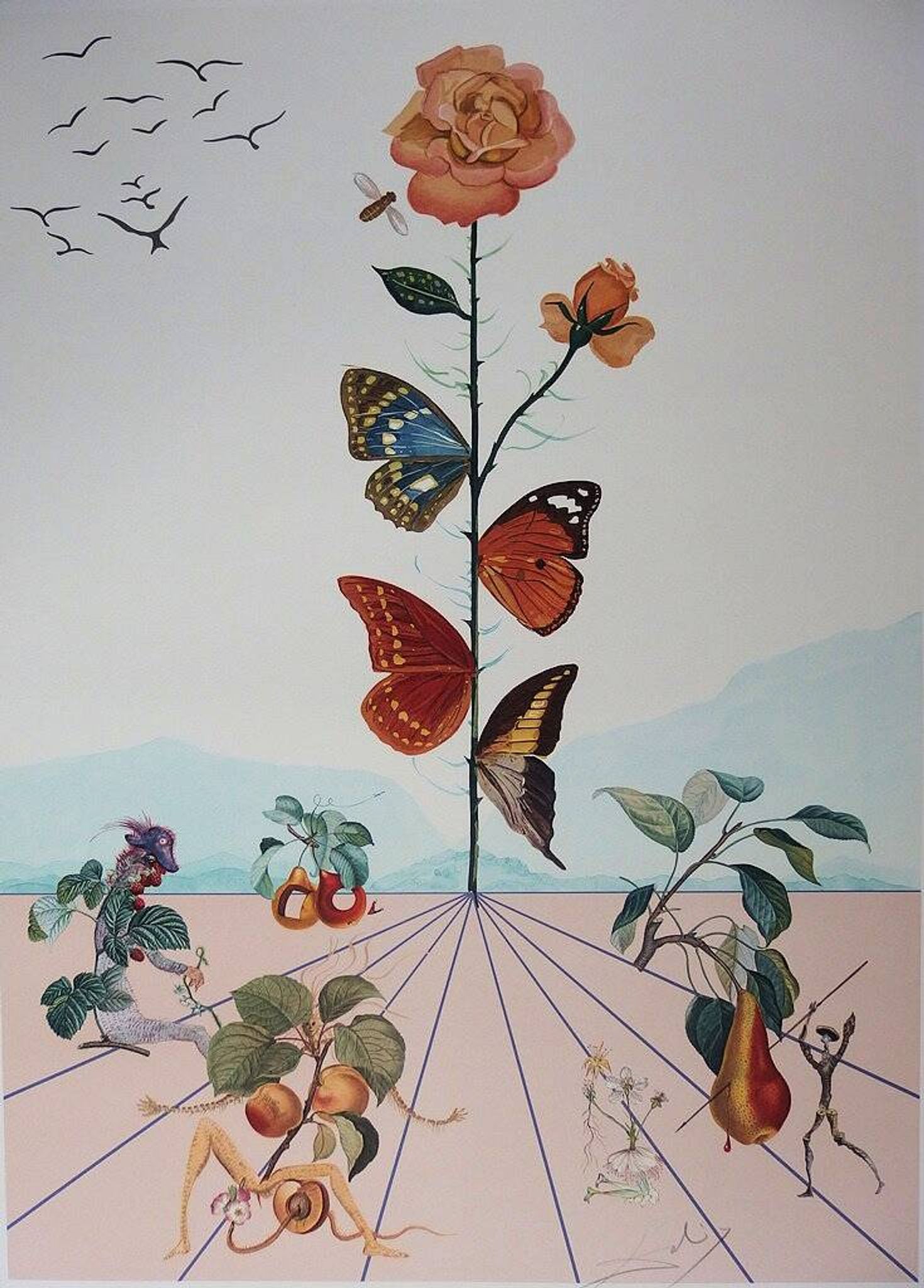 Salvador Dali : Flordali II, La rose papillon - Lithographie originale signée