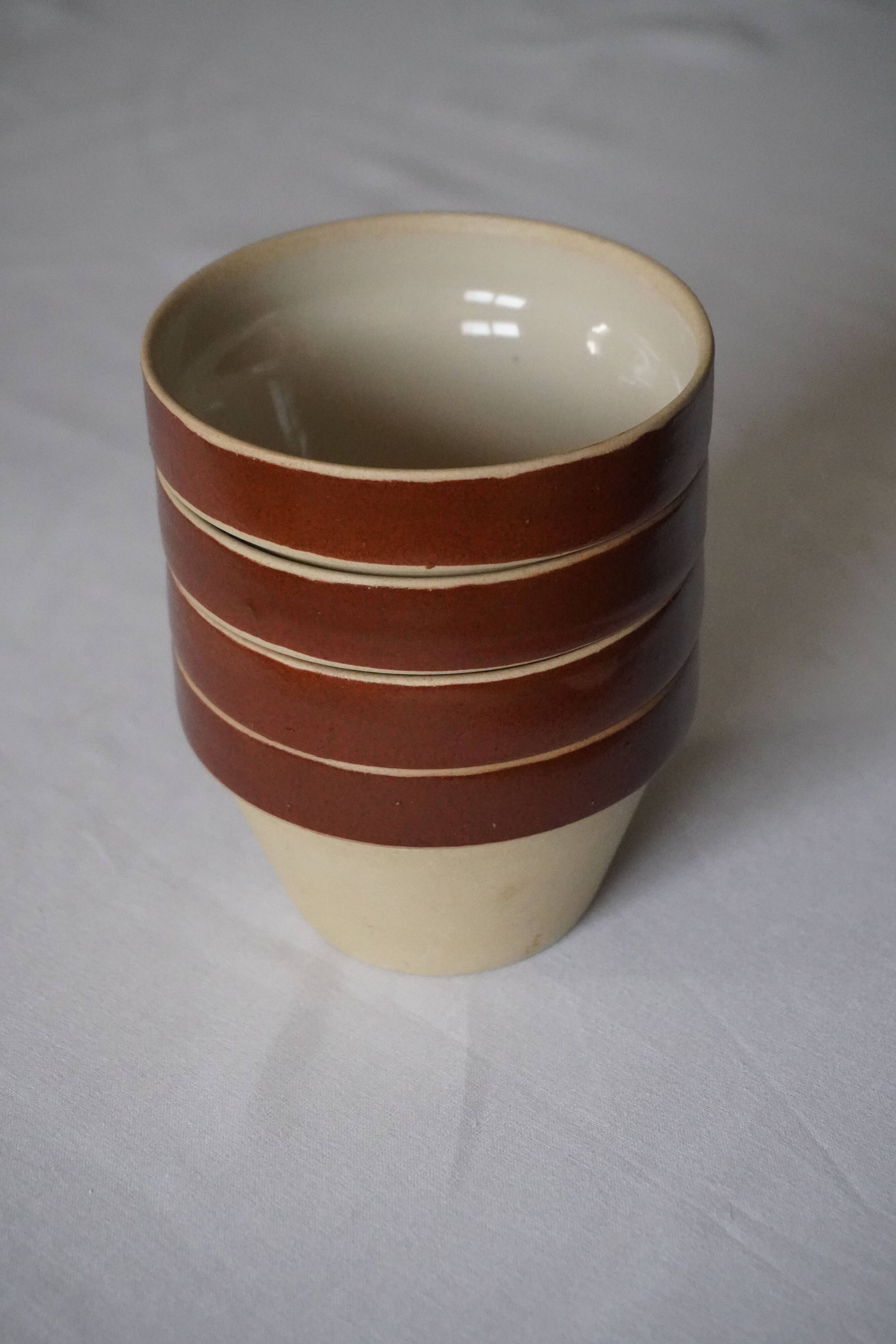 Set of 4 small stoneware bowls, beige and brown, Digoin France