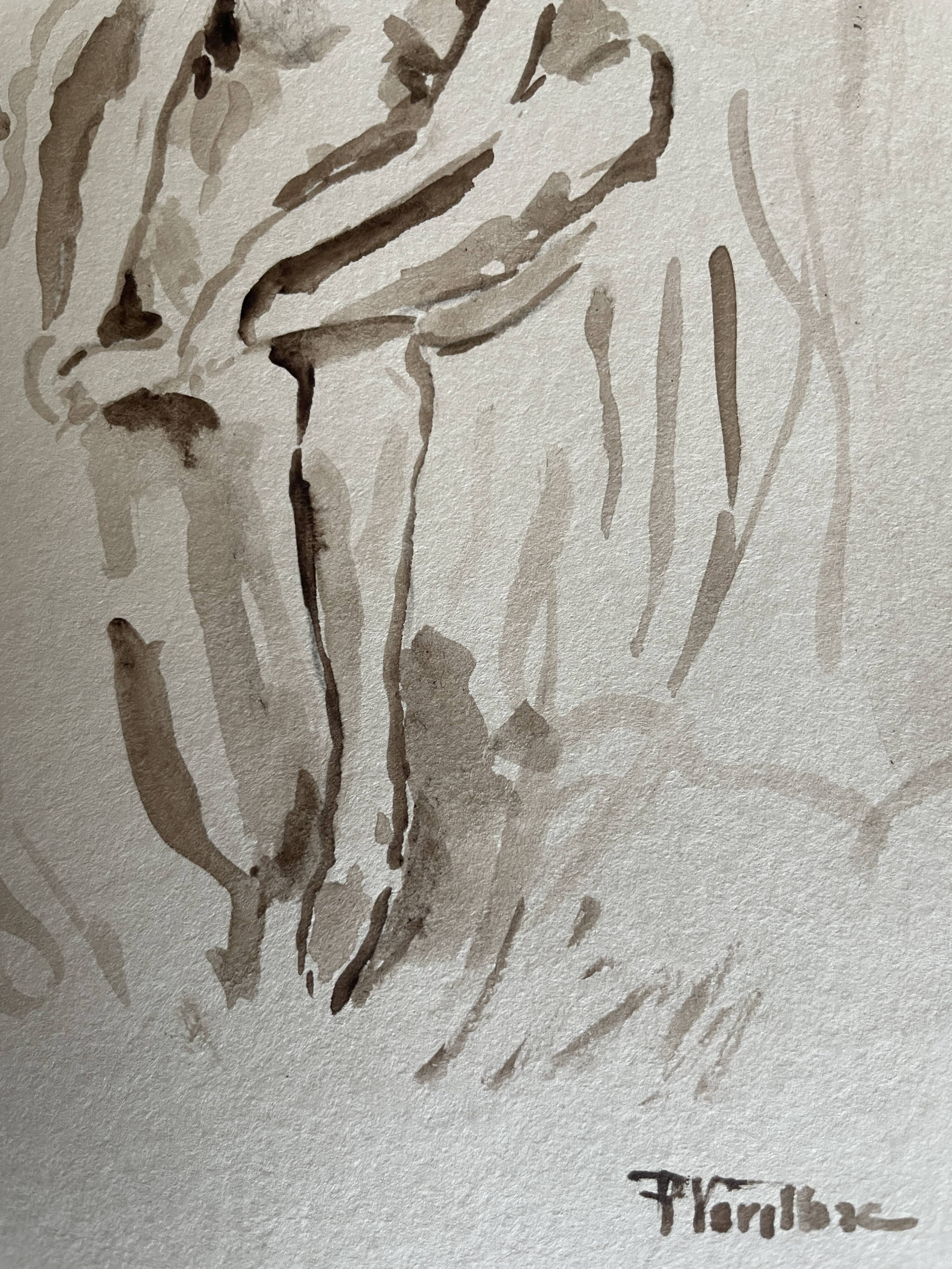 Tableau signé aquarelle portrait féminin « esquisse sortie du bain »