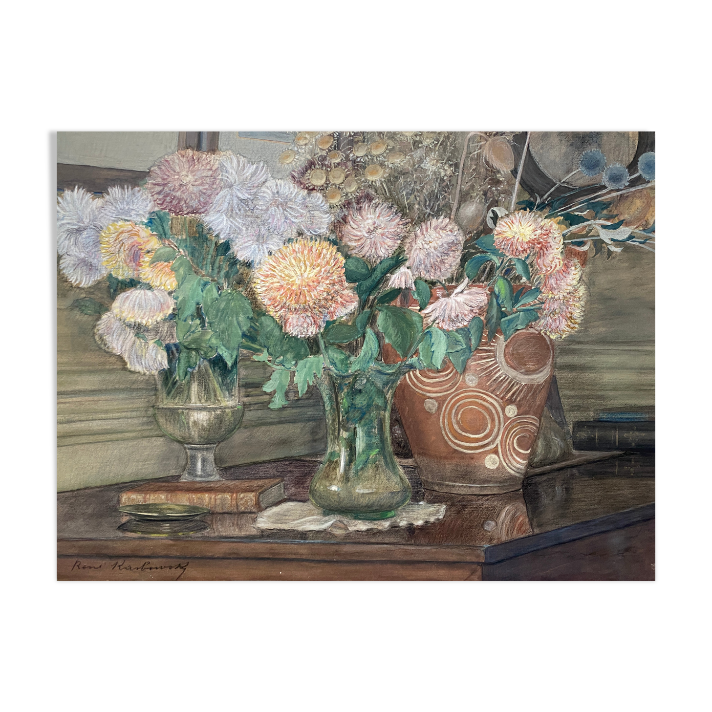 René Karbowsky (1883-?) pastel flower composition on paper