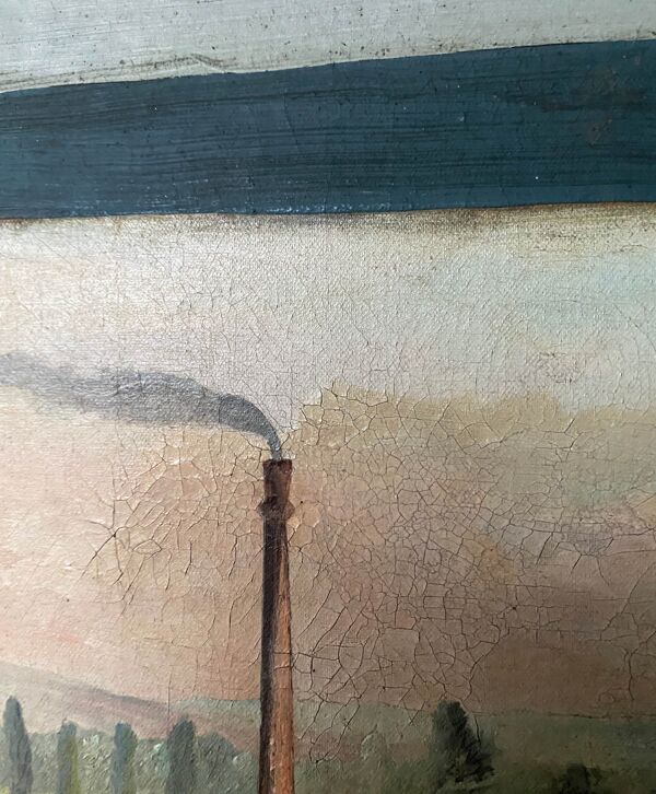 Tableau HST XIX° ''Usine'' Baccarat brasserie avec Serre, Pont Eiffel, Villa