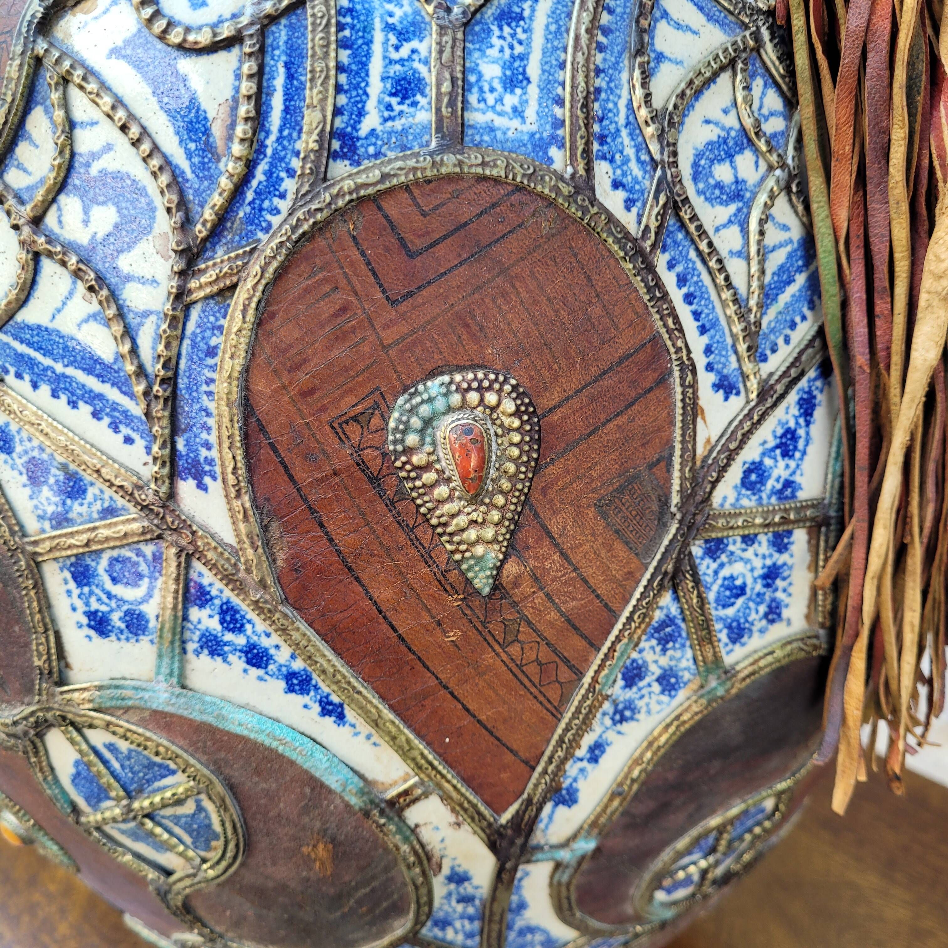 Filigree vase, ceramic, leather, enamel and metal, 19th century - Safi, Morocco