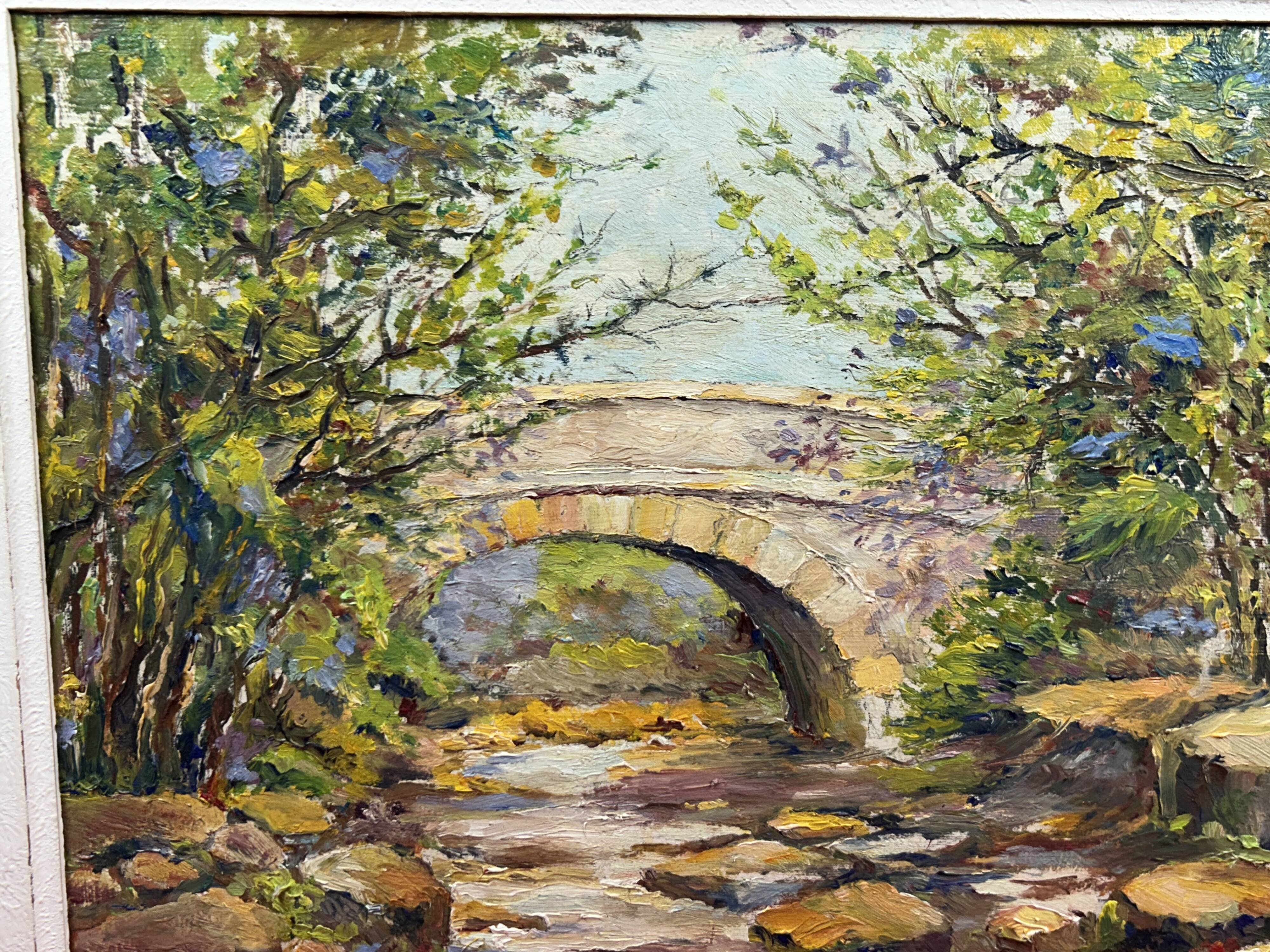 Oil on panel stone bridge river ST Tropez, st Maxime? signed A. Ada