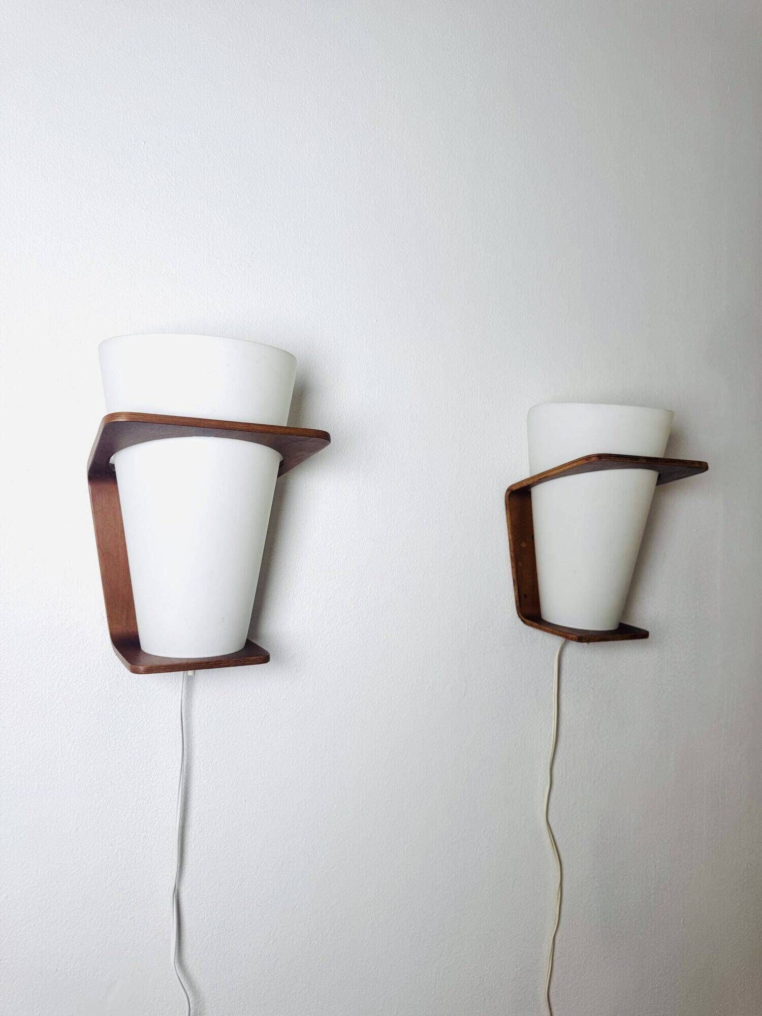 Nx41 Wood And Curved Glass Wall Lamps By Louis Kalff For Philips, The Netherlands 1950S