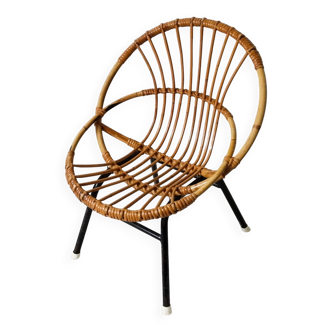Fauteuil corbeille enfant en rotin , pieds métal