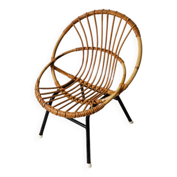 Fauteuil corbeille enfant en rotin , pieds métal
