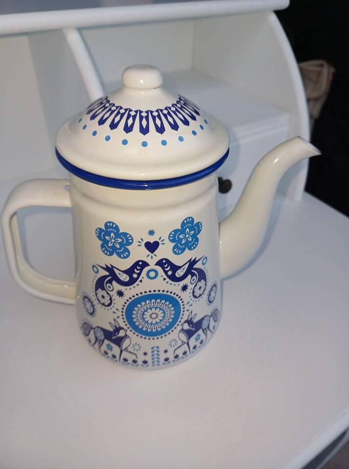 vintage blue and white enamel coffee or teapot