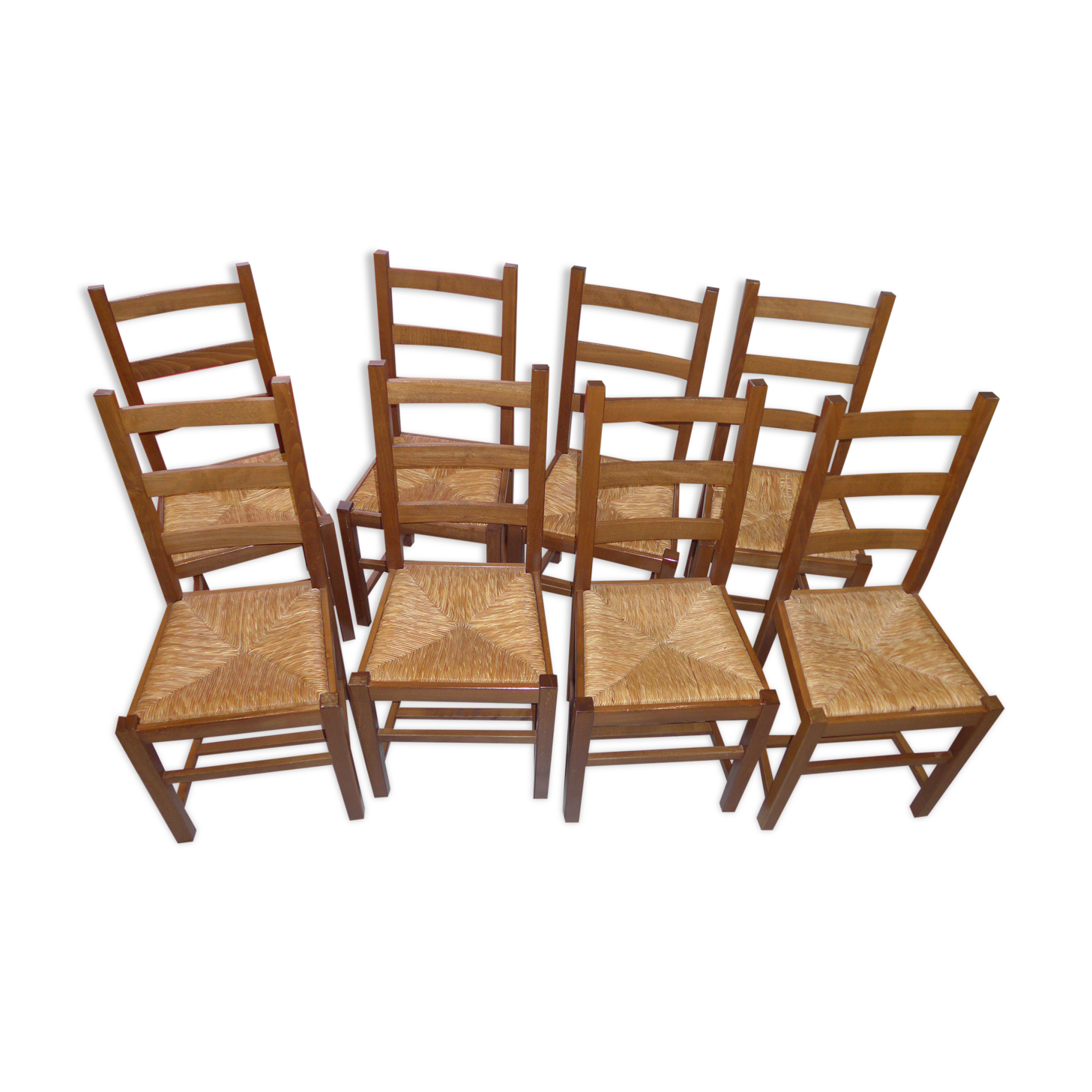 8 wooden chairs, straw seat