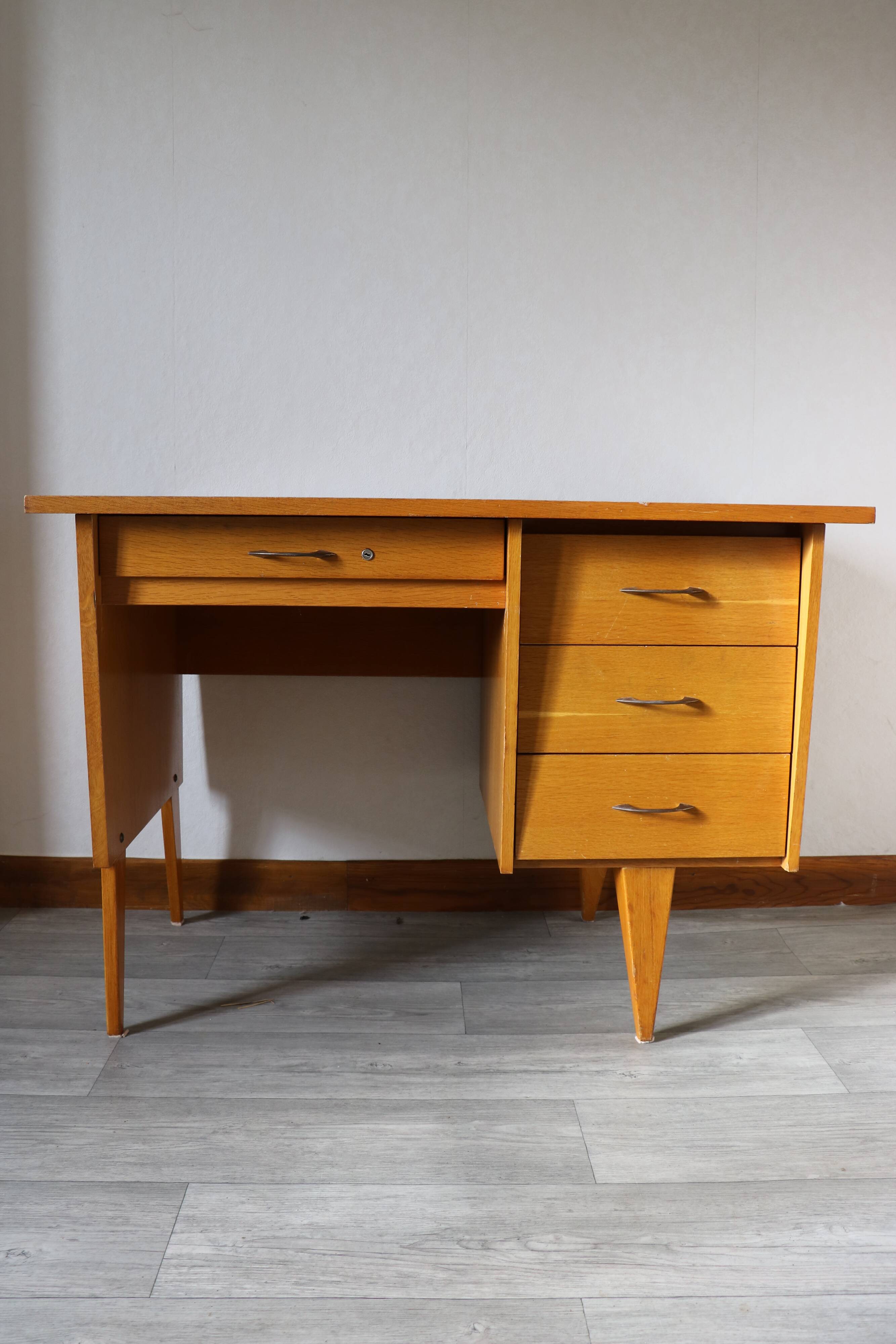 Oak desk, splayed legs, drawers, 1960.