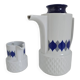 Vintage Schirnding Bavaria coffee pot and milk jug, blue geometric pattern.