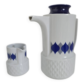 Vintage Schirnding Bavaria coffee pot and milk jug, blue geometric pattern.
