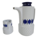 Vintage Schirnding Bavaria coffee pot and milk jug, blue geometric pattern.