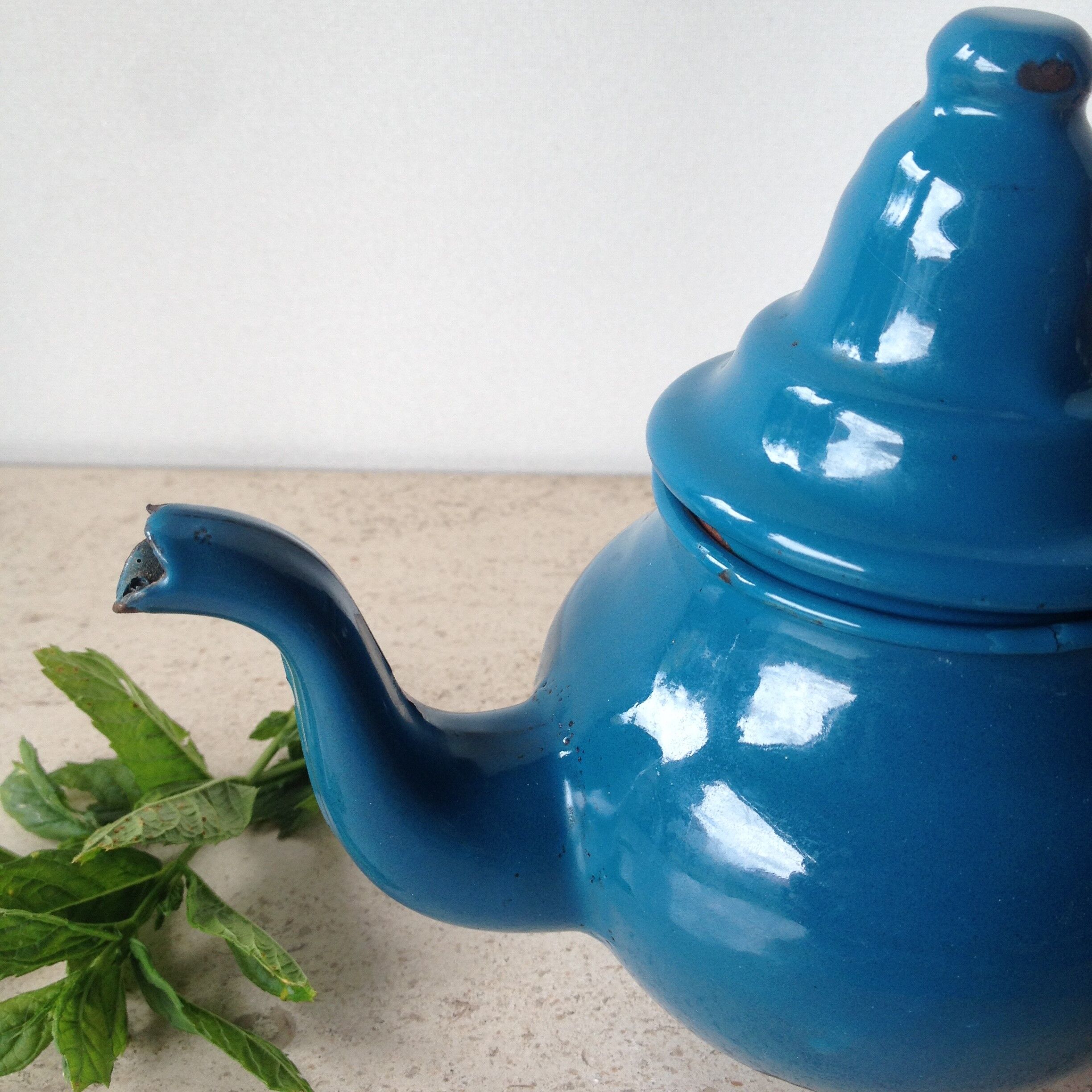 Teapot blue enameled metal