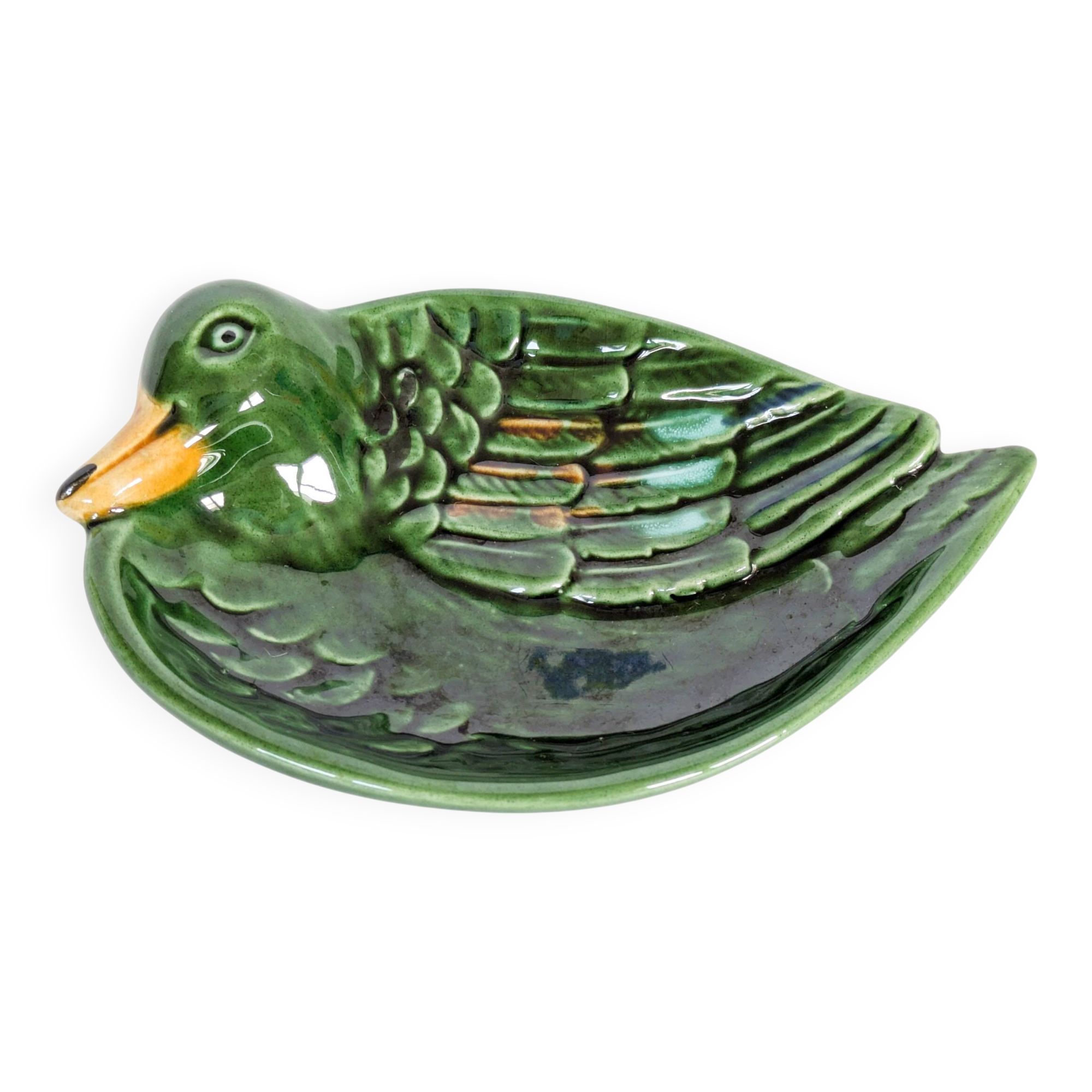 Vintage green ceramic duck dish, pocket tray or soap holder.