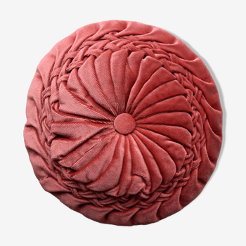 Coussin en velours plissé rond rose pêche