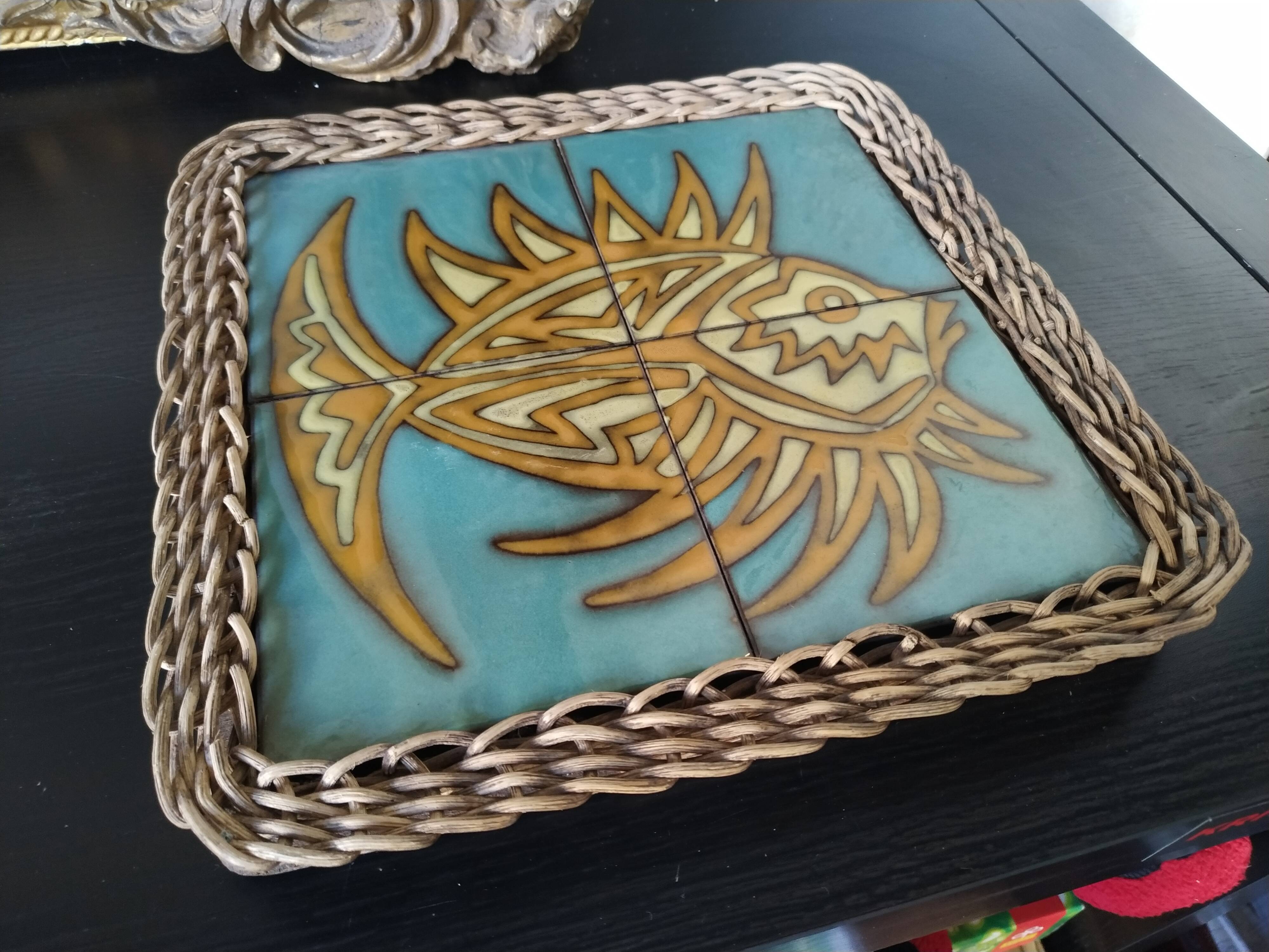 Under ceramic dish and rattan