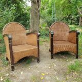 Paire de fauteuils en bois et rotin 1980