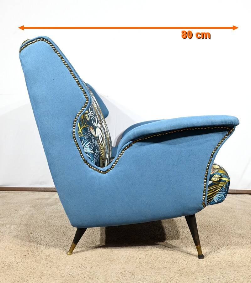 2-Seater Bench in Azure Blue Fabric – 1940s