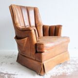 Vintage sheap leather armchair,  large smoker chair in brown sheapleather, Big leather fauteuil