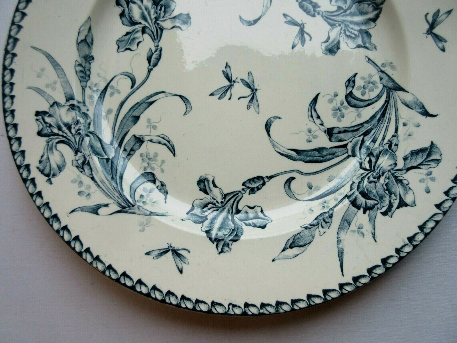 Badonviller Flat Round Dish, Blue Iris, Art Nouveau