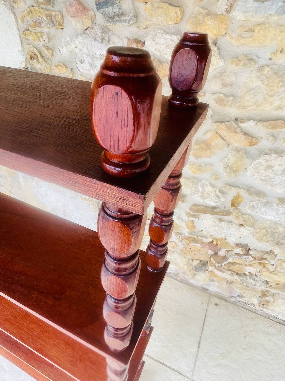 Vintage 5-tier turned wood shelf on legs.