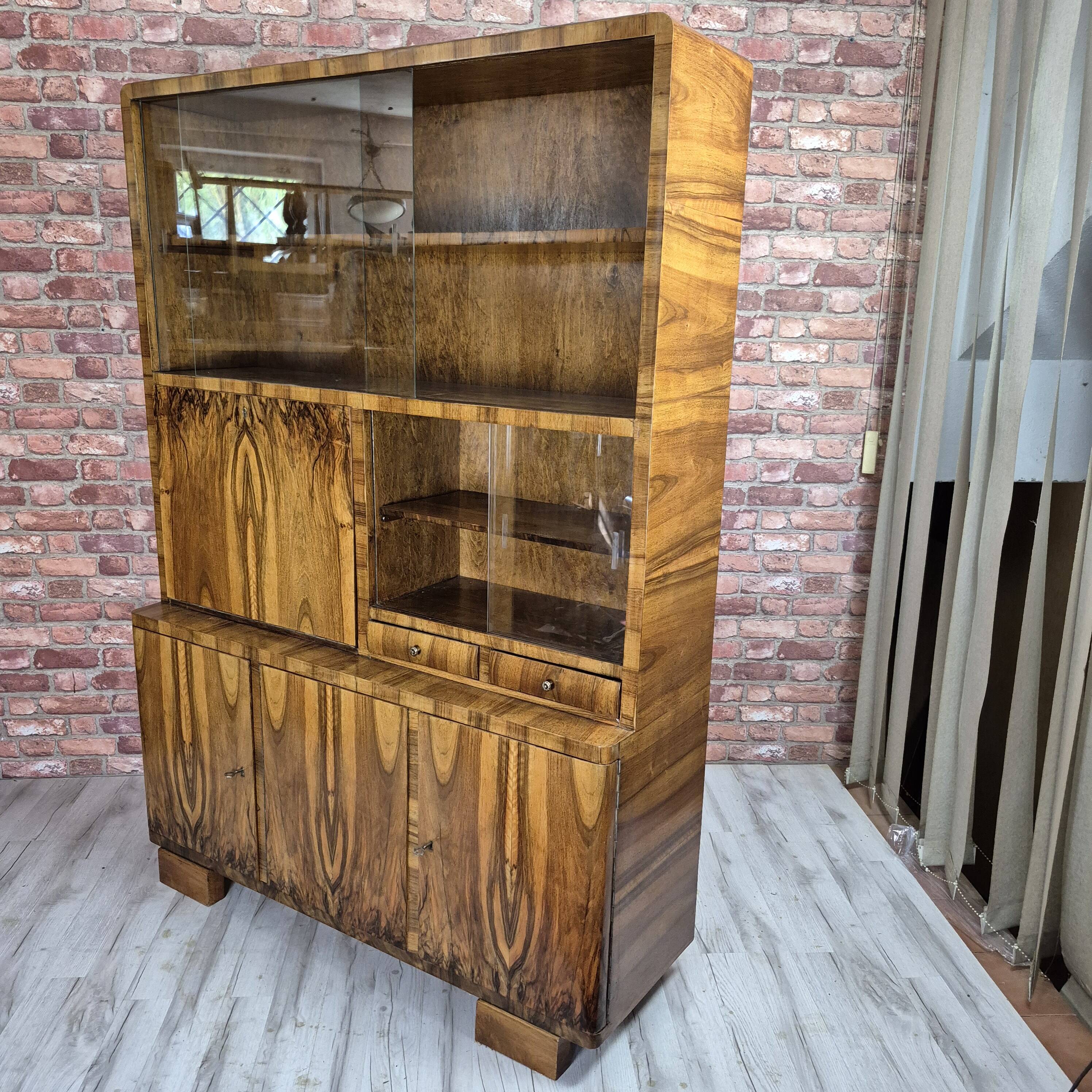 Restored Mid-Century Flame Walnut Highboard with Bar Cabinet - 1960s