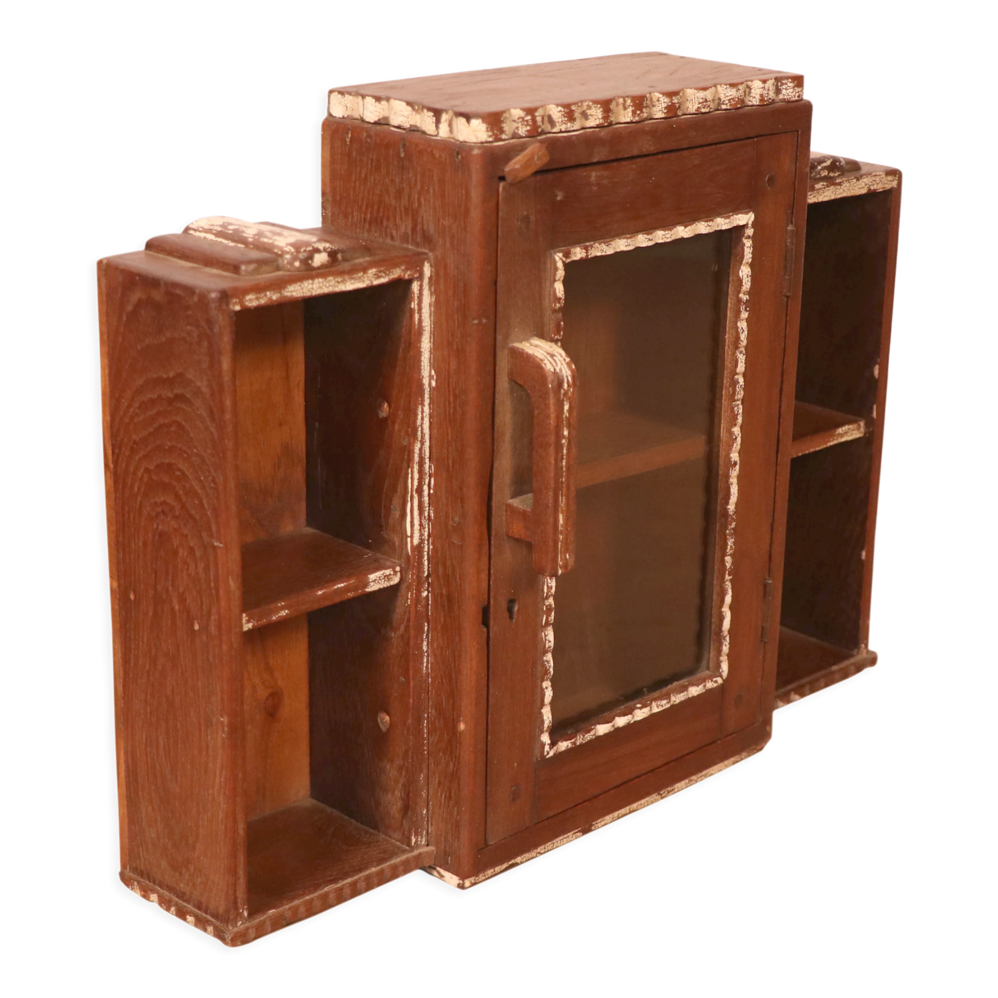 Old art deco showcase in burmese teak with original white edging