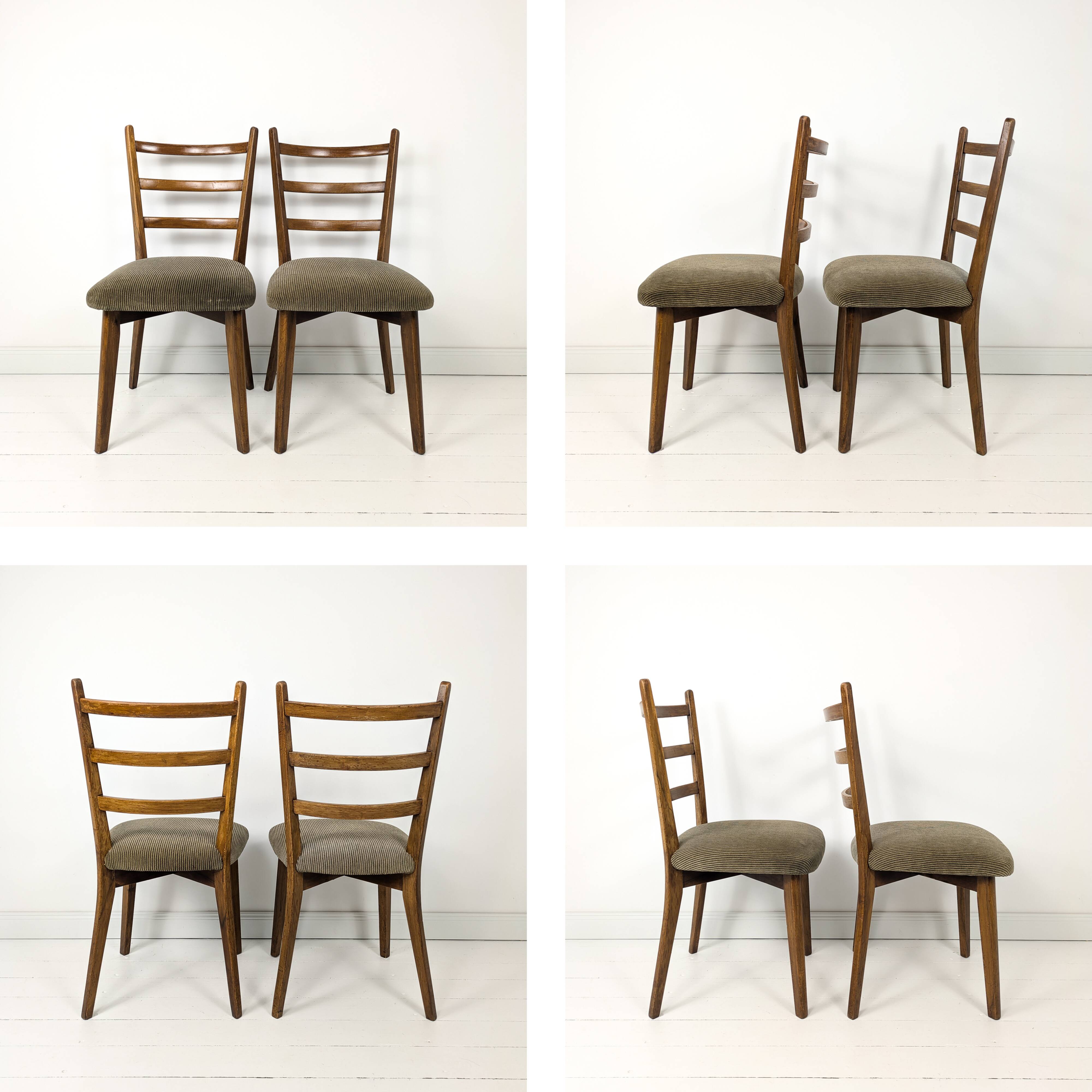 Paire de chaises vintage bois dossier barreaux, assise tissu, style 60s