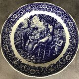 Blue enamelled earthenware wall dish with peasant scene decor Boch La Louvière
