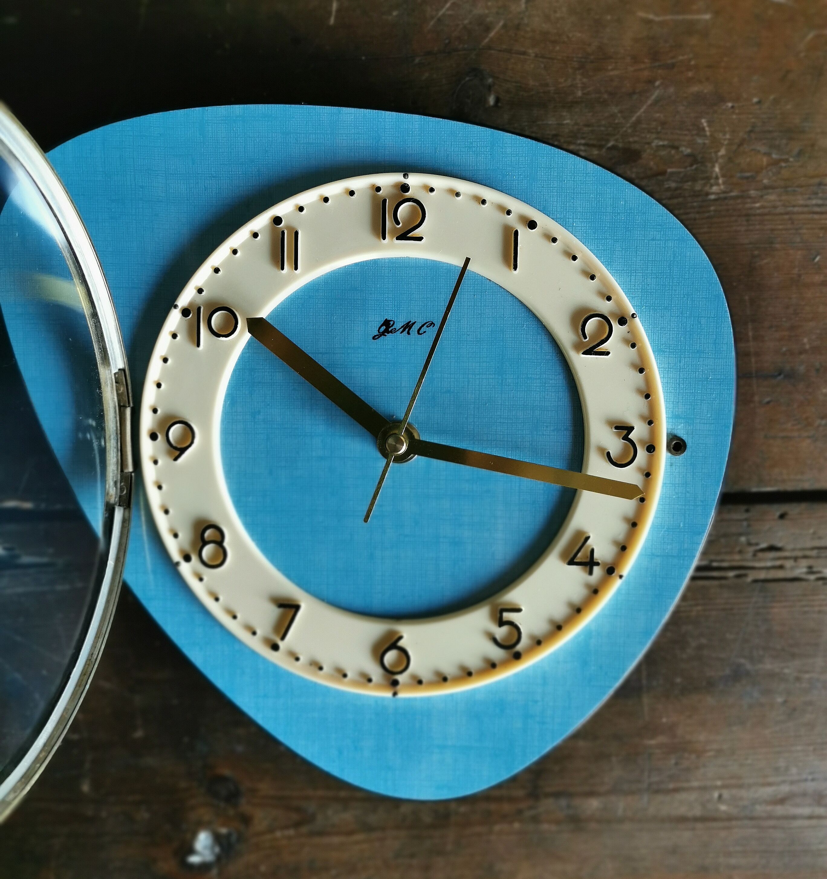 Vintage formica clock asymmetrical silent wall clock "GC celestial blue"