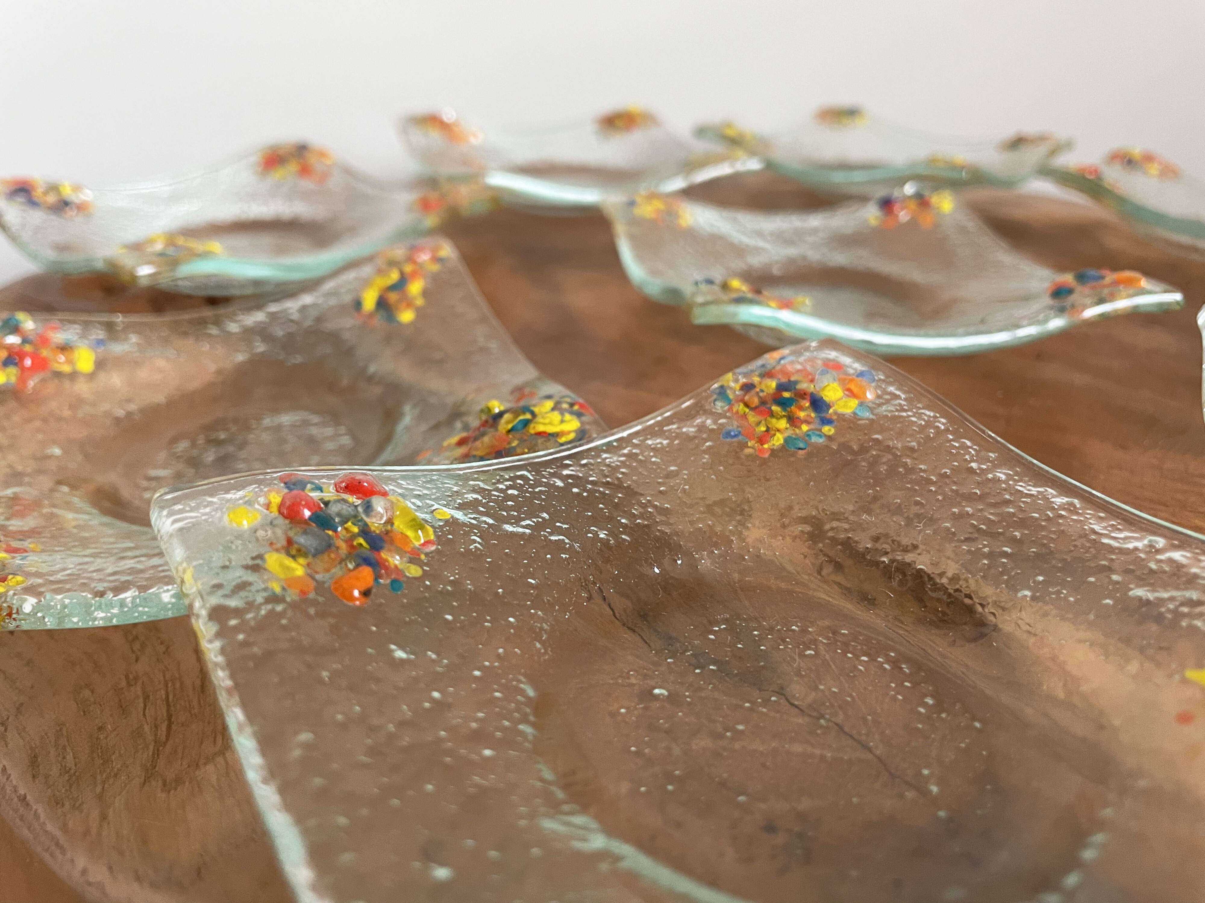 Art glass tea light holders or plates, fused glass with bright rainbow colours