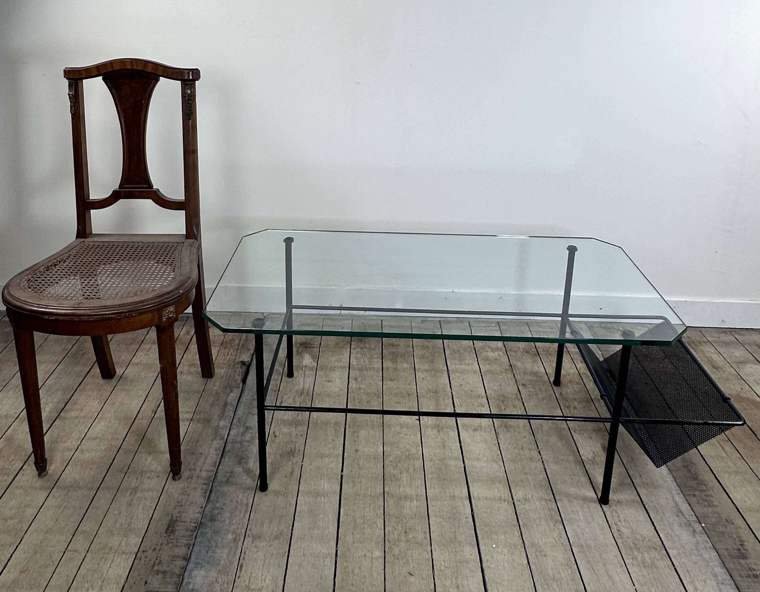 Metal and glass coffee table gérard guermomprez 1956