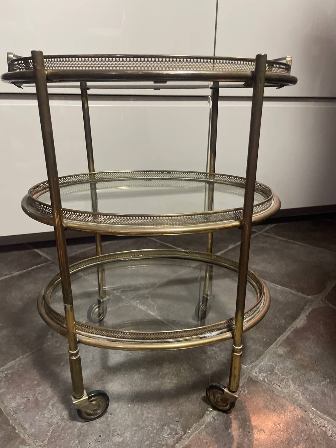 Serving cart, shelf, three-tier metal and glass trolley