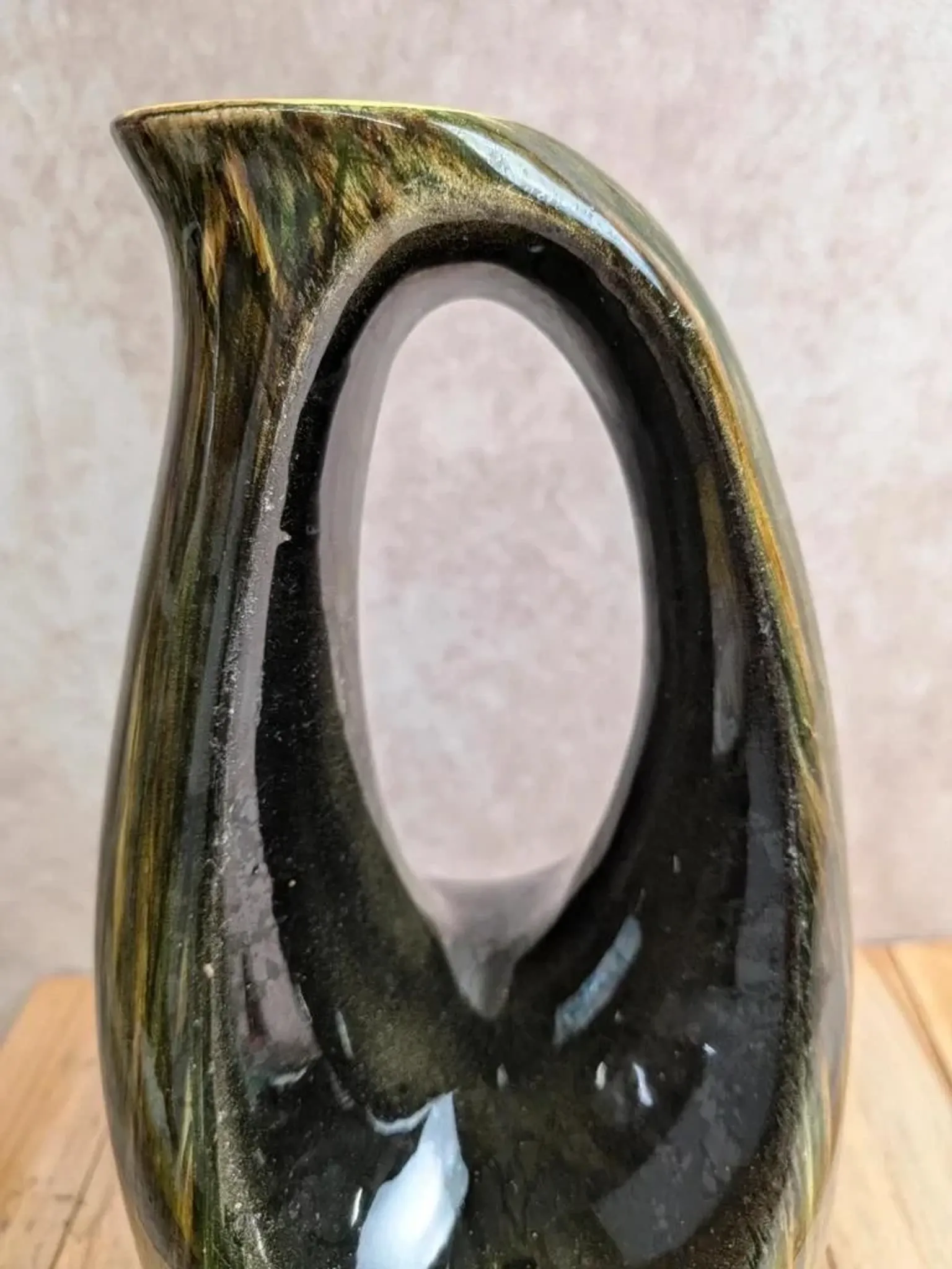 Large Saint-Clément pitcher vase – Green glazed ceramic – Vintage