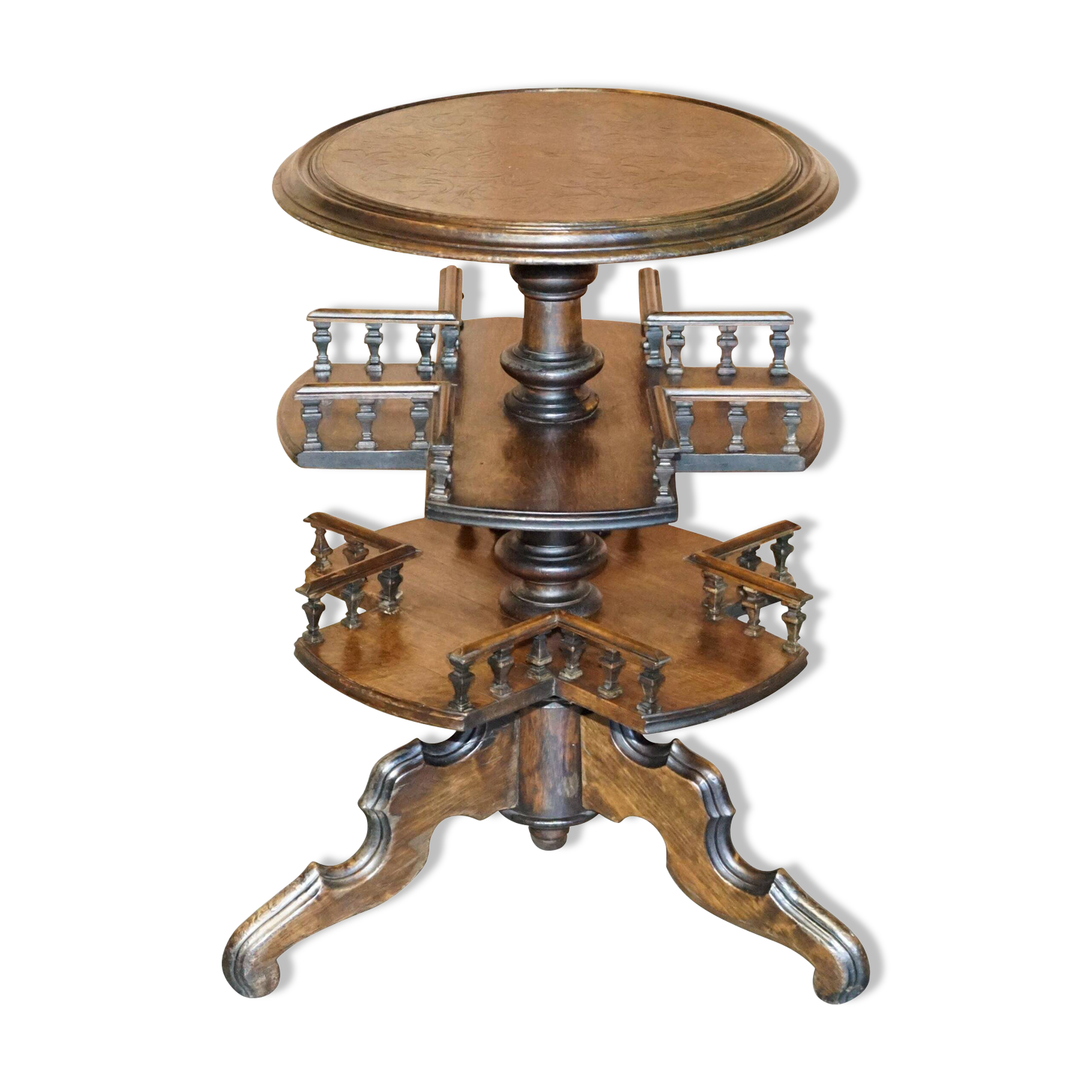 Victorian oak library table, two levels, pokerwork top.
