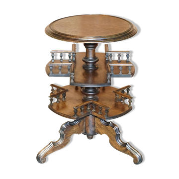 Victorian oak library table, two levels, pokerwork top.