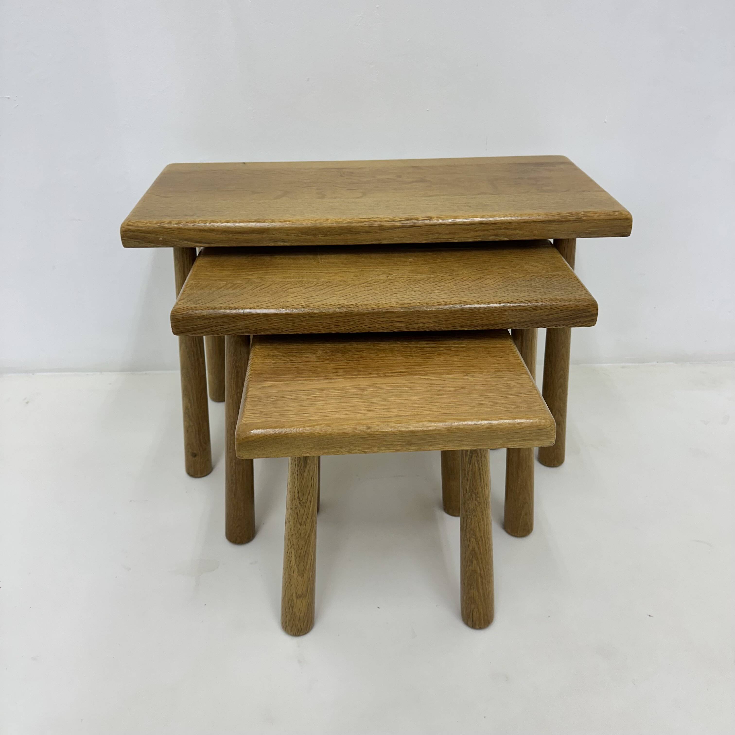Set of nesting tables solid oak wood brutalist , 1970s