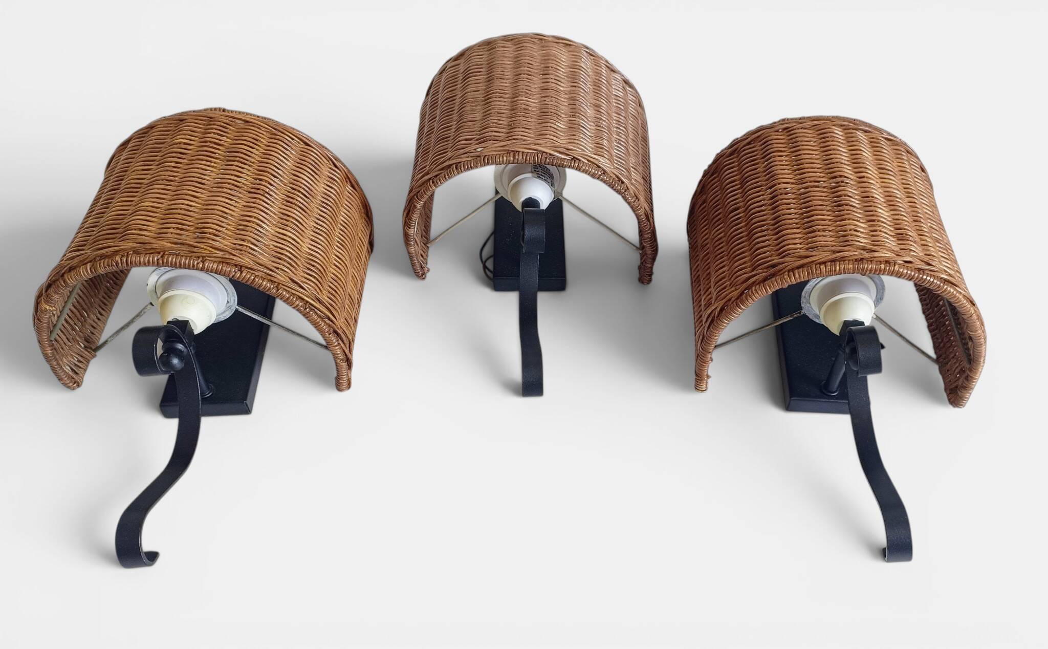 Spanish Mid-Century Wicker And Wrought Iron Wall Sconces, Three Available