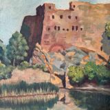 Oil on canvas landscape with a fortress circa 1930 by Dernay