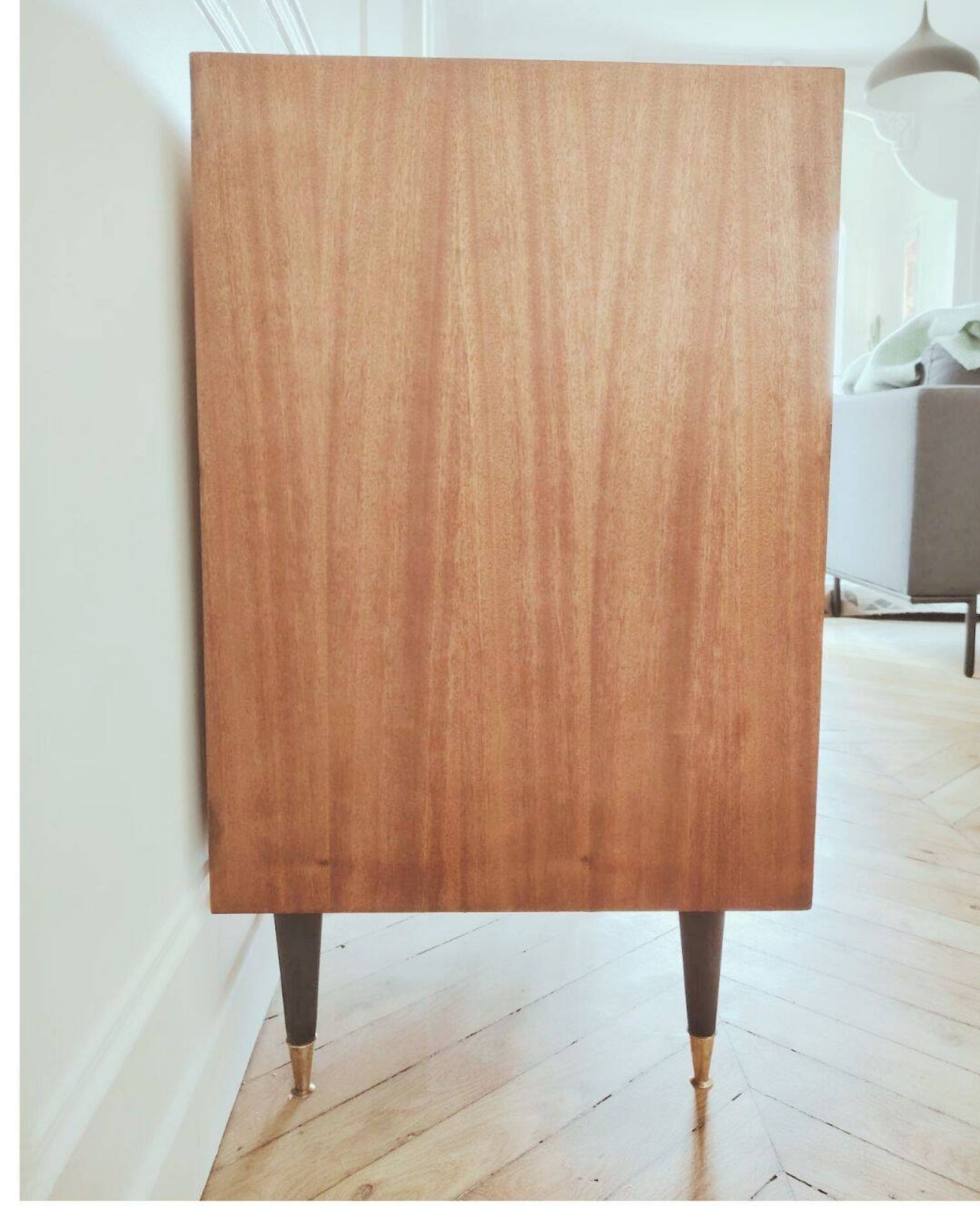 Small renovated vintage sideboard, 1950s-60s in dark wood veneer.