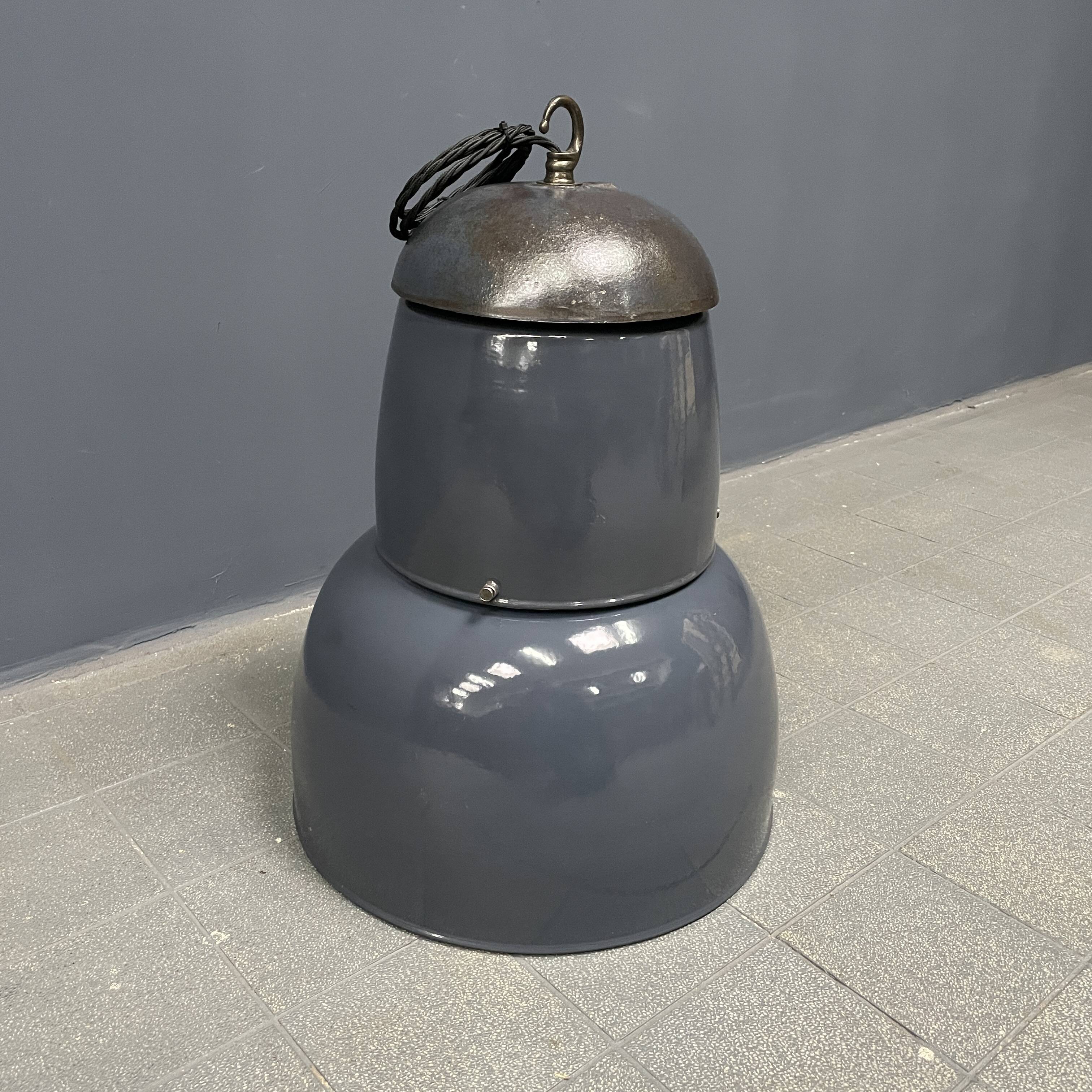 Large old industrial blue-gray enamel pendant lamp