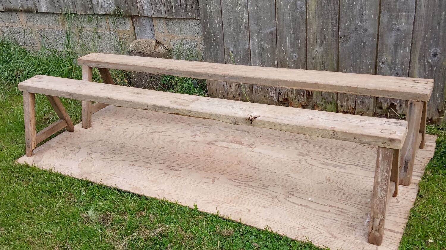 Pair of oak farmhouse benches 228 cm