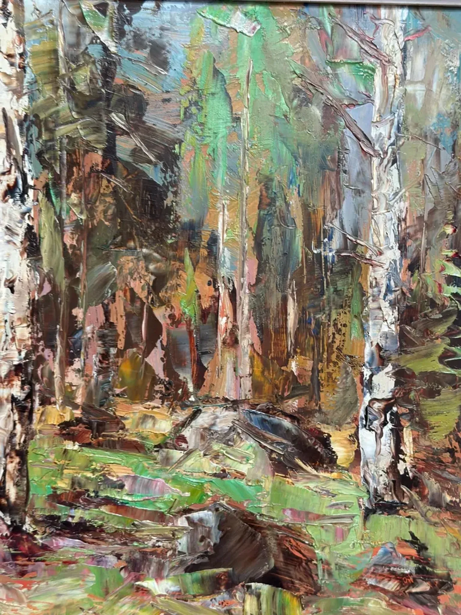 Original Swedish Oil on Canvas – “Birch Forest” by John Sköld – Signed – Dated 1954 – Framed – 40 × 40 cm
